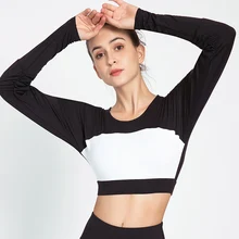 Укороченная рубашка для йоги с длинными рукавами и пупками, фитнес, тренировка, для женщин для бега и тренировок, спортивная одежда, цветной дизайн