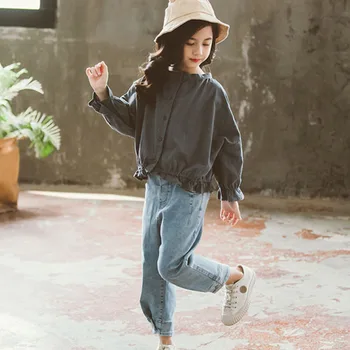 

Kids Clothes Sets Big Girls 2 Pcs Bat Wing Single Breasted Shirts Blouse & Jeans Harm Pants Suits Children Fashion 2019 Outfits