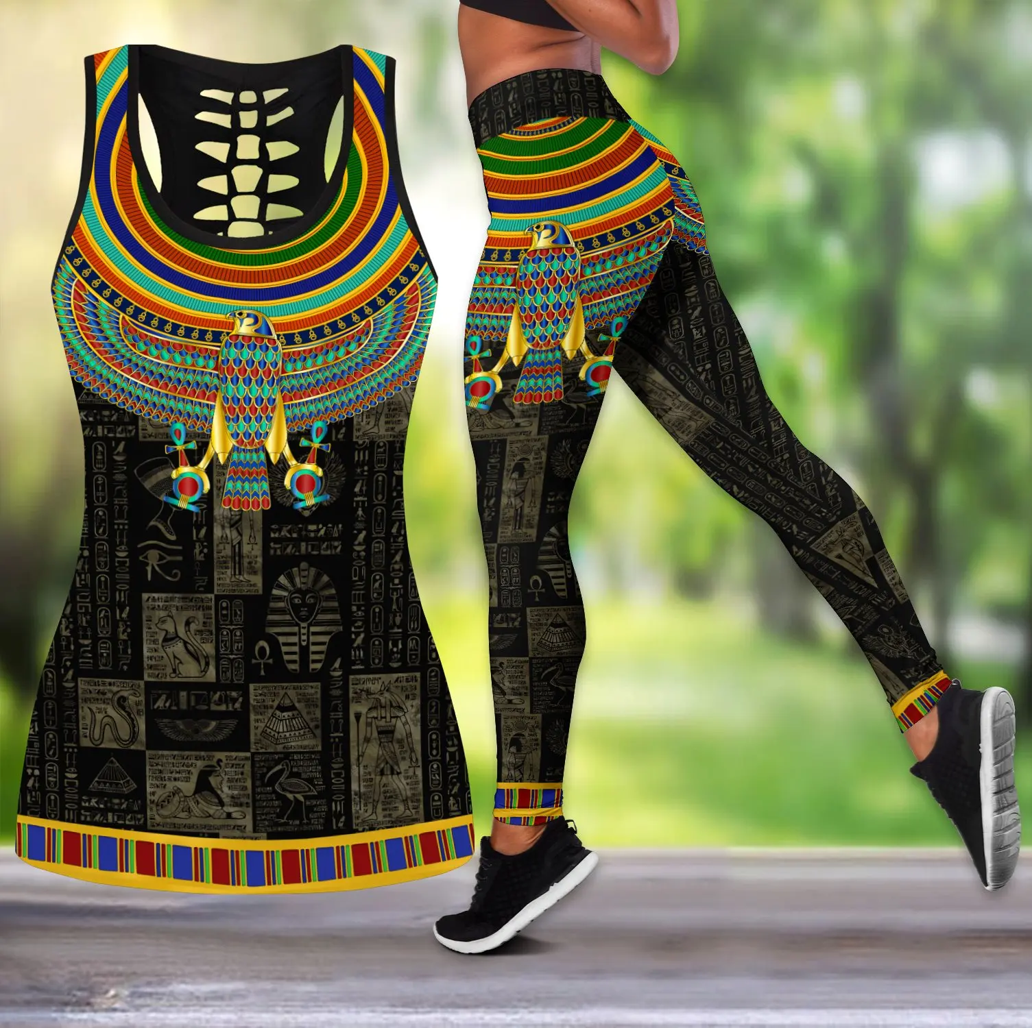 Egypt Eagle God Tattoos 3D All Over Printed Women Hollow Tank Top & Leggings Set Sexy Elastic Female Skinny Leggings LKB-01 spanx faux leather leggings