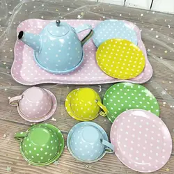 Ensemble de jouets à thé colorés pour enfants, 14 pièces, Simulation de fer blanc, maison de jeu pour filles, éducation précoce, formation aux intérêts 