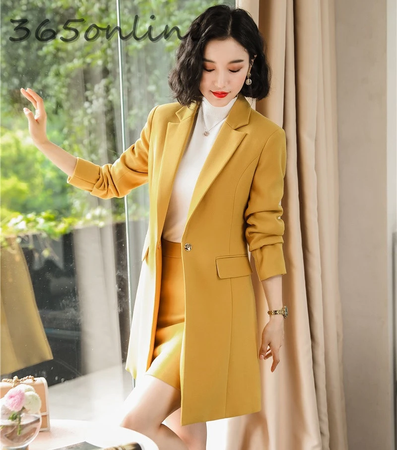

High Quality Fabric Formal Women Business Suits with Skirt and Middle Long Windbreaker Autumn Winter Professional Blazers Set