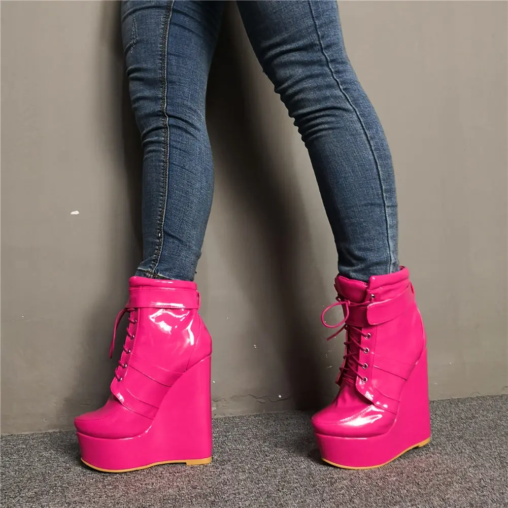 Роскошные брендовые новые ботильоны; большие размеры 47; сезон осень-зима; Женская пикантная обувь на платформе и высоком каблуке; обувь на танкетке; женские ботинки - Цвет: Розово-красный