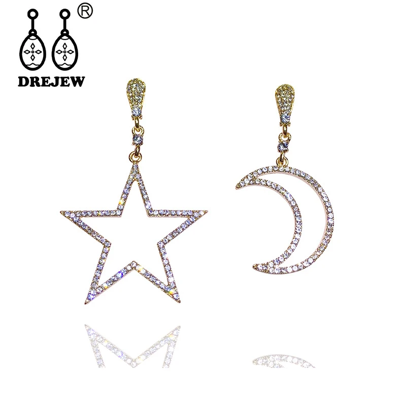 

DREJEW Asymmetrical Star Moon Gold Crystal Statement Earrings Sets 2019 925 Drop Earrings for Women Wedding Party Jewelry HE1701