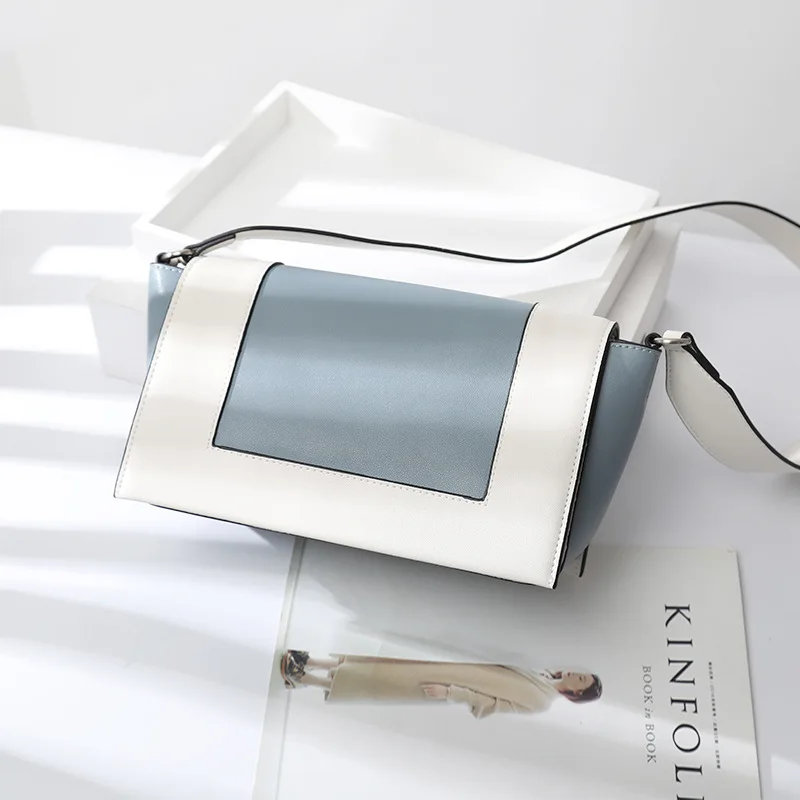 

Europe And America Fashion 2019 New Style Contrast Color WOMEN'S Cow Leather Bag Wide-Strap Shoulder Bag Square Sling Bag Normco