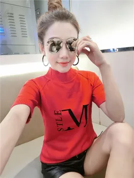 

Spring autumn new short-sleeved half turtleneck letter print stitching sweater female Slim was thin solid color pullover a065