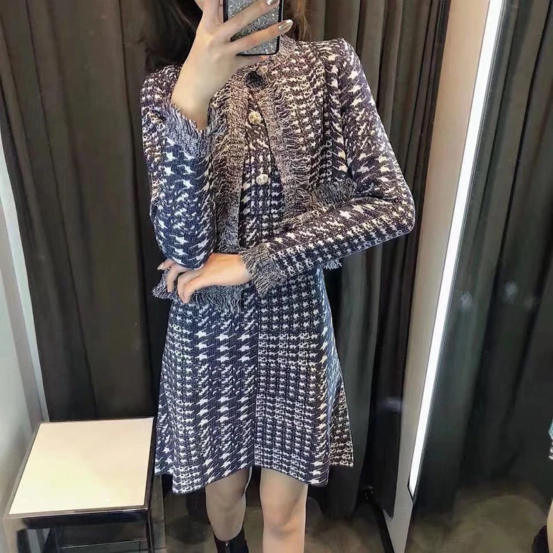

2019 Autumn Winter Women Suits Two Piece Set Swallow Gird Knit Cardigan Sweater Jacket Coat + Bodycon Tassels Mini Dress Sets