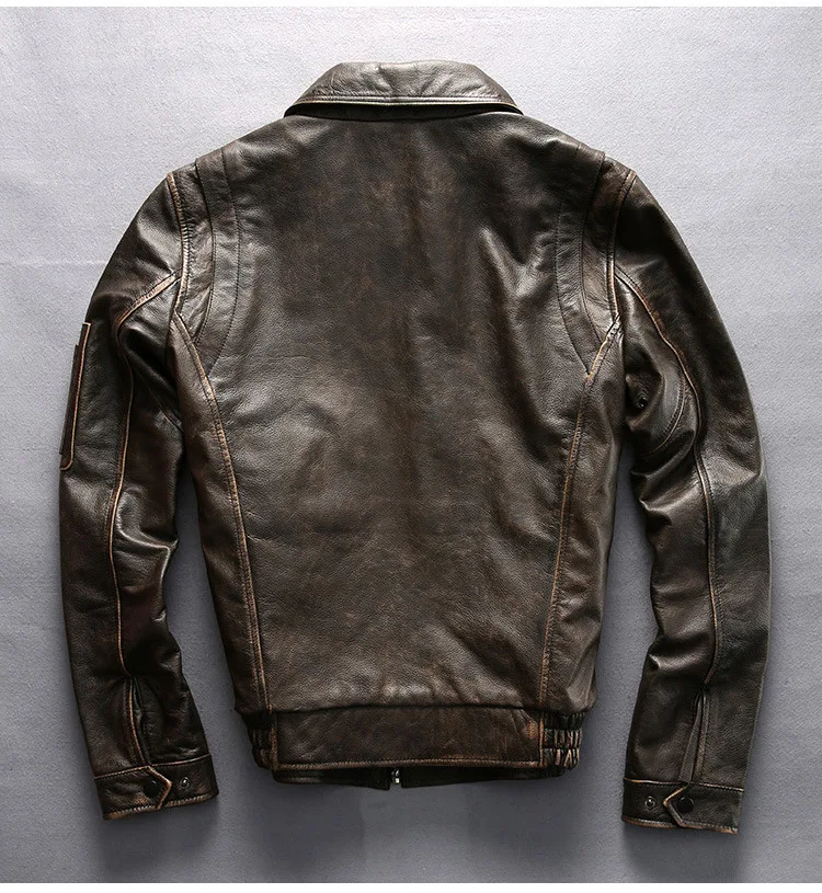 Заводская Новинка, Мужская Ретро винтажная кожаная байкерская куртка коричневого цвета из натуральной воловьей кожи, короткая приталенная Мужская зимняя кожаная куртка пилота