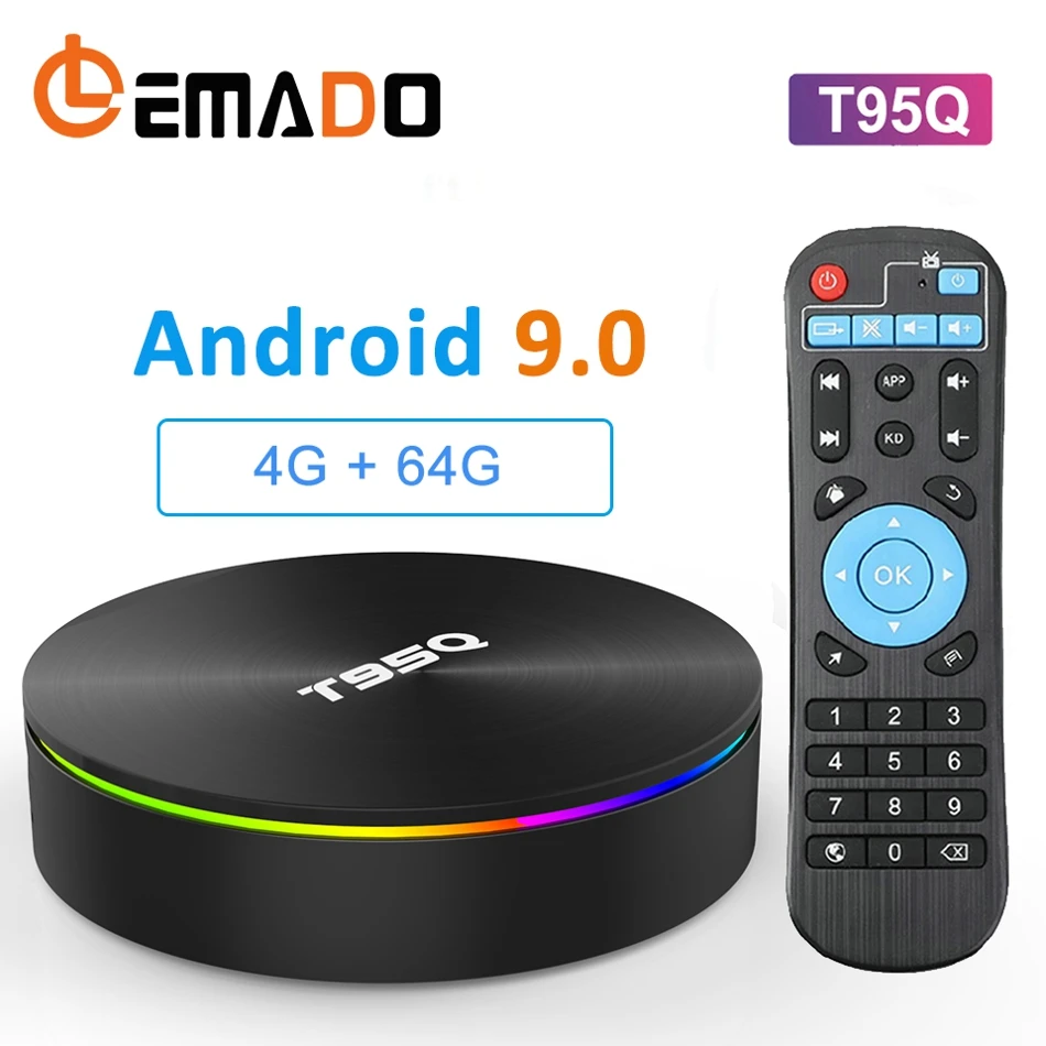 

LEMADO T95Q TV Box Android 9.0 S905X2 Quadcore CPU 4GB RAM 64GB ROM 2.4G 5.8G WIFI 3D 4K H.265 Smart Android TV Box support IPTV