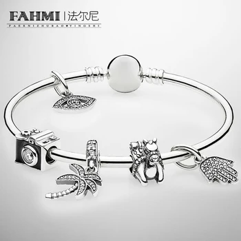 

2020 100% 925 Sterling Silver Camera Beaded Camel Charm Coconut Palm Devil Eyes Pendant Bangle Bracelet Set Limited Edition