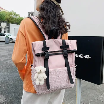 

Woman Sweet Pink Lace Backpack Japanese Cute Bear Nylon Shoulder Bag Kawaii Student Daily Back Pack Sweet Girl Style Backpack