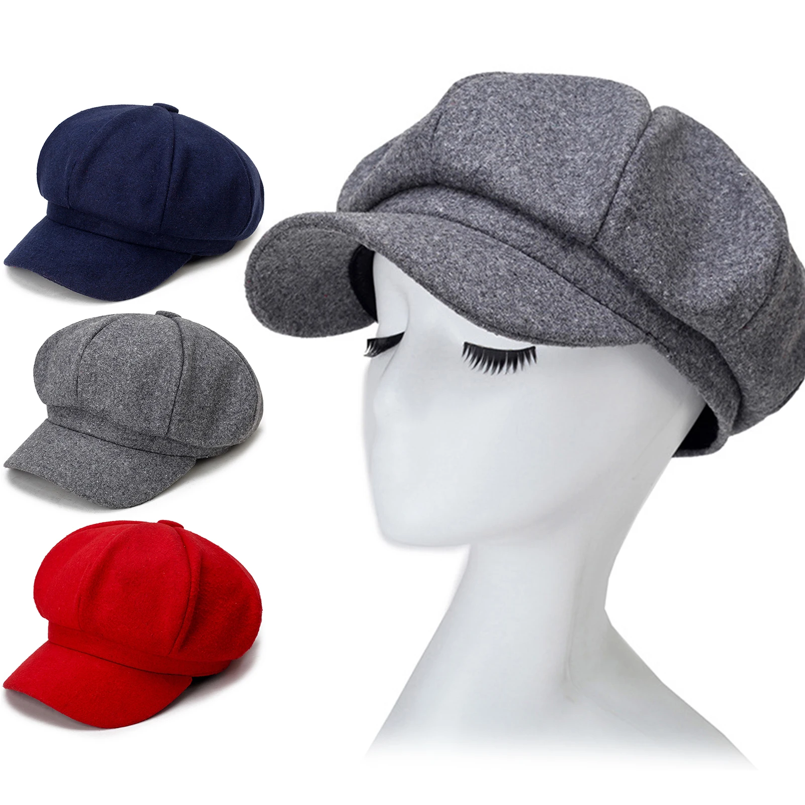 Women's hat Autumn Winter Warm Fashion Octagonal Hat Woolen Cloth Casual Beret Cap Solid Artist Painter Newsboy Hats Black Grey