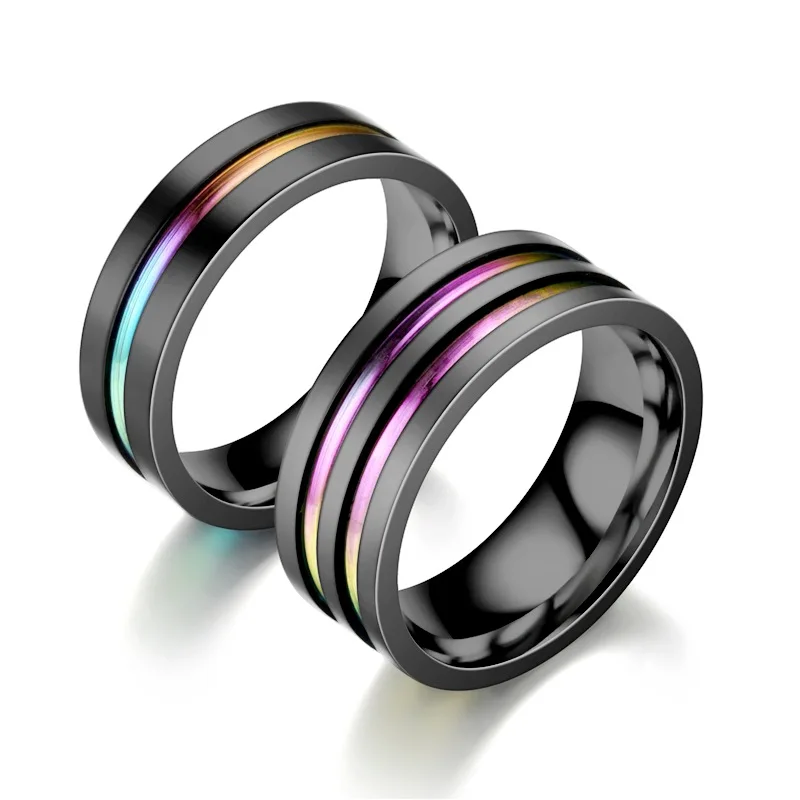 

Fashion Black Stainless Steel Ring for Men With Rainbow Line Wedding Rings Multi Color Jewelry Male Rings DC-001