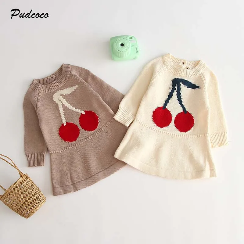 Новинка года; От 0 до 3 лет вязаное платье для девочек с вишенками; свитер зимнее нарядное платье принцессы с длинными рукавами для маленьких детей; одежда