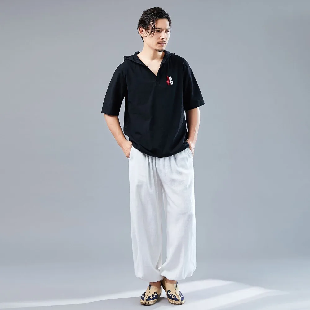 LZJN 2019 Men's Shirt Summer Style Hooded Short Sleeve Blouse Top Men New Casual Embroidery Cotton Linen Shirt Camisas De Hombre (28)