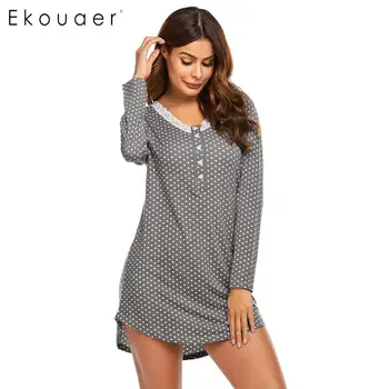 

Ekouaer Women Soft Nightgown Sleepwear O-Neck Long Sleeve Polka Dot Lace Trim Nightdress Pregant Night Dress Loungewear