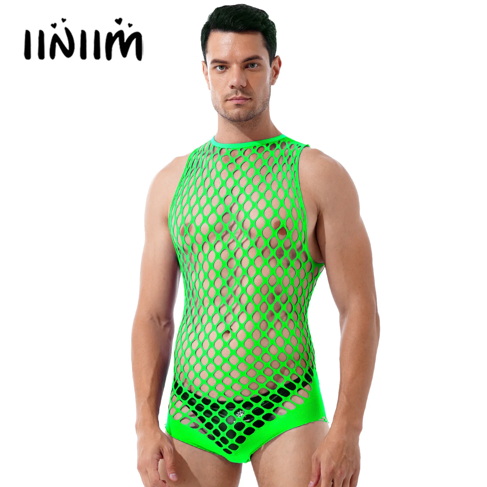 Mens Lingerie Hollow Out Netted Sexy Bodystockings See-through Stretchy Bodysuits Nightwear Halter Neck Sleeveless Rompers | Тематическая