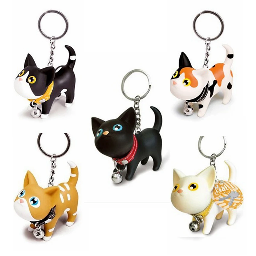 

5 Colors Cute Cat Animal Keychain Figure Silicone Lovely Kitten Key Chain Shake Head Bell Car Bag Keychains Toy Figures For Kids