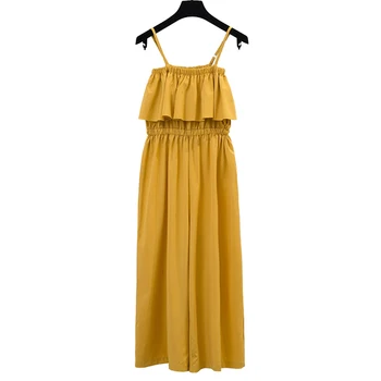 

women chiffon green pleated jumpsuits elastic waist ruffles sleeveless backless rompers female solid chic playsuits