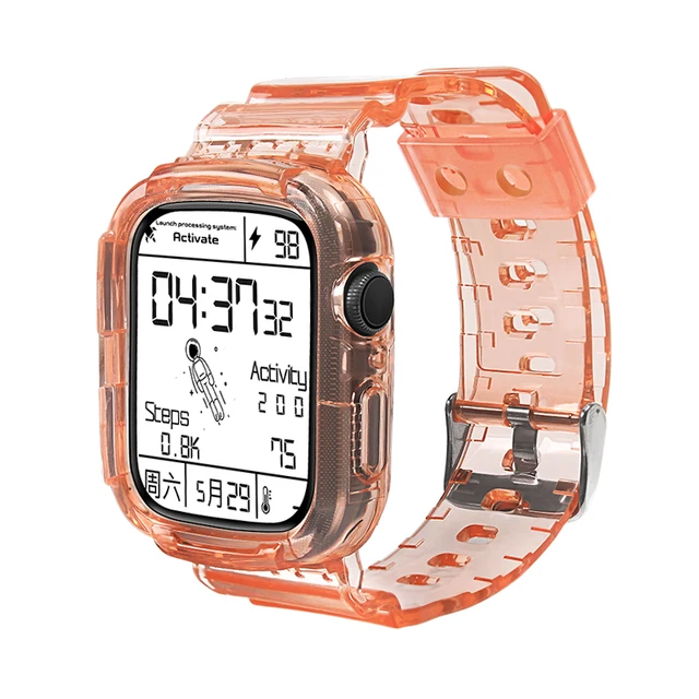 Rugged Protective Case and Bands for Apple Watch 45mm 41mm 44mm 42mm 40mm 38mm Strap, Cute Girl Crystal Jelly Cover iWatch Se76 Through Orange