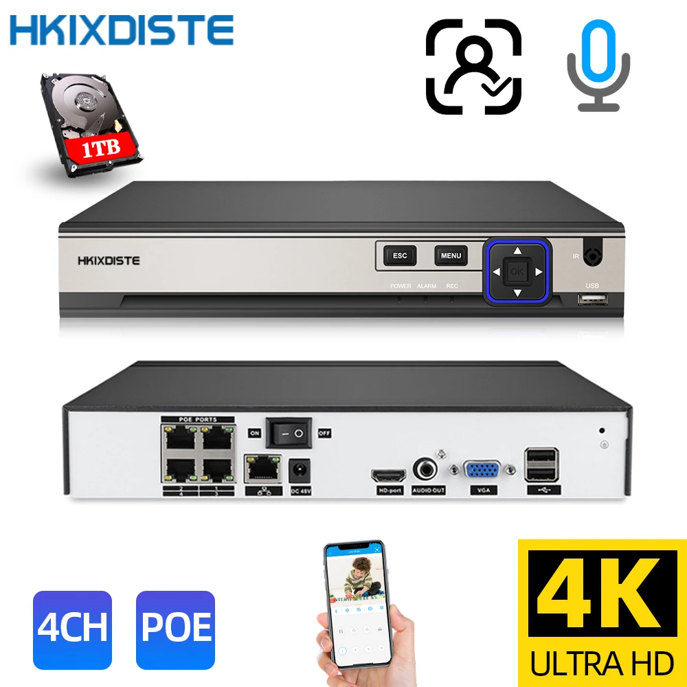 4-канальный 8-мегапиксельный сетевой видеорегистратор Poe Nvr 4K для Ip-камеры P2P