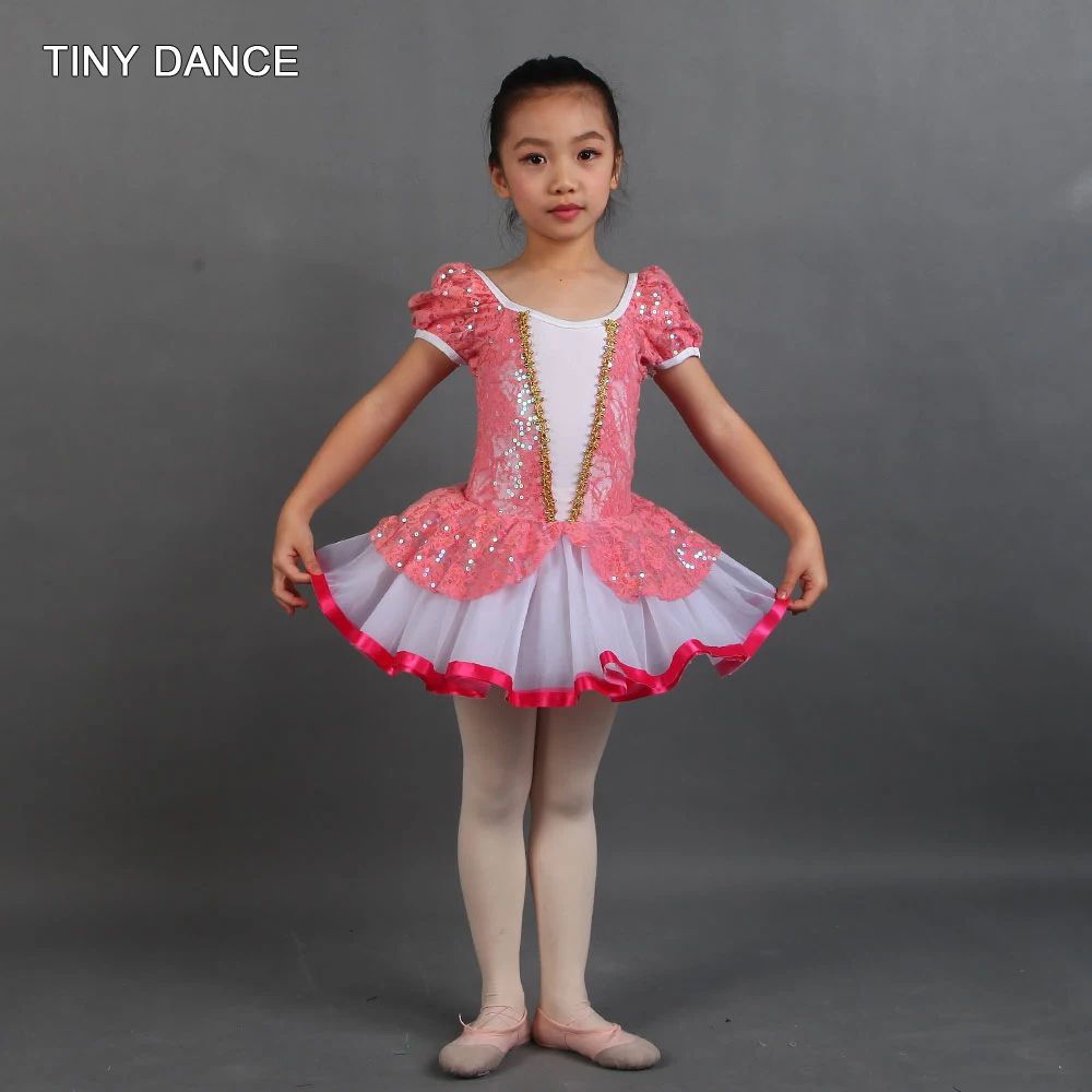 

Hot Pink Short Sleeve Ballet Tutu Leotard Dress for Kids Stage Performance Tutu Costume Dancewear Sequin Dresses 20505