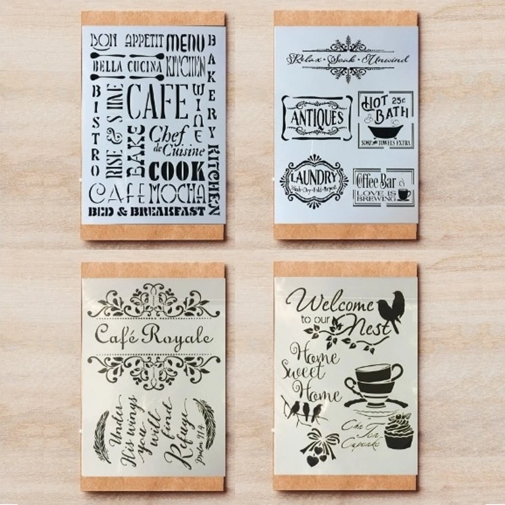 4Pcs/Lot A4 Cafe Coffee Bar Cup Words DIY Layering Stencils Painting ...
