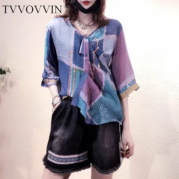 

TVVOVVIN 2020 Summer New Patchwork Personality Fashion Single-breasted Womens Casual Loose Streetwear Blouse Hit Color A172