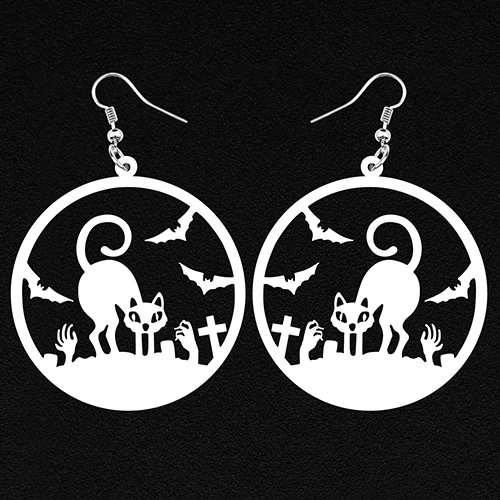 ARWA акрил Хэллоуин большие круглые полые Черный кот летучая мышь зомби ручной крест серьги-подвески в форме капли женские вечерние подарки для девочек оптом - Окраска металла: White