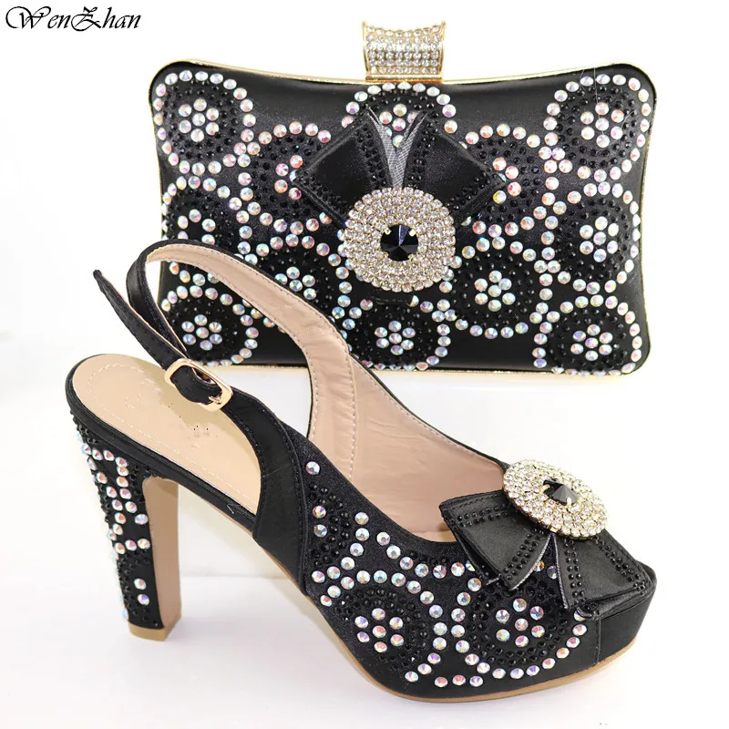 

African Black Shoes and Bag Beautiful Set Latest Women High Heel Shoes 11.5cm and Bags Sac for Wedding 38-42 C98-20