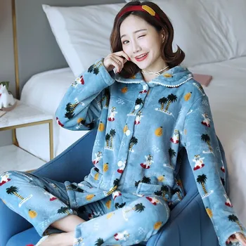 

Autumn Winter Pajamas Sets For Womem Thick Warm Flannel Pyjamas Sets Long Sleeve Tops+Pants Nightgown Women's Sleepwear