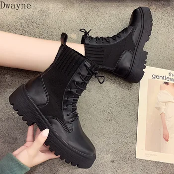 

2019 autumn new Martin boots women fashion simple solid color stitching knit elastic cloth comfortable casual boots