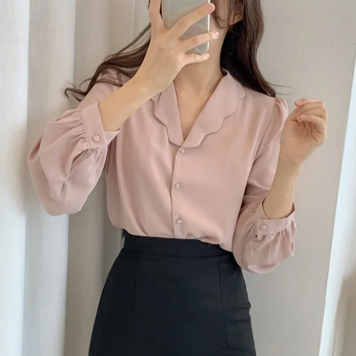 

Classy Solid Color Blouse Wavy Hem Collar Lantern Sleeve Top Women Shirt Autumn Chemise Femme Chemisier Blusa Mujer Camisa
