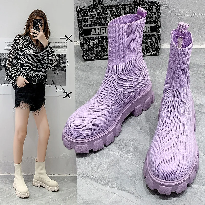2022 Women Thick Soles Casual Large Red Knitted Ankle Boots Spring New Women's Socks Ladies Botas De Mujer Shoes | Обувь