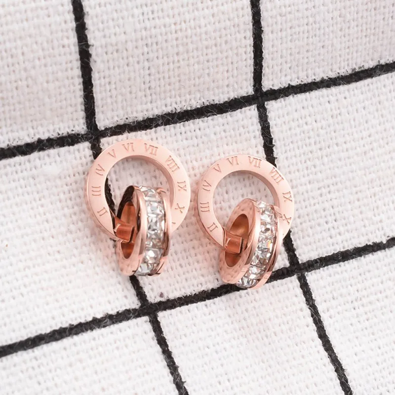 Серьги из нержавеющей стали для женщин, серьги, маленькие хрустальные римские цифры, серебряные круглые серьги-шпильки, модные ювелирные изделия из циркония