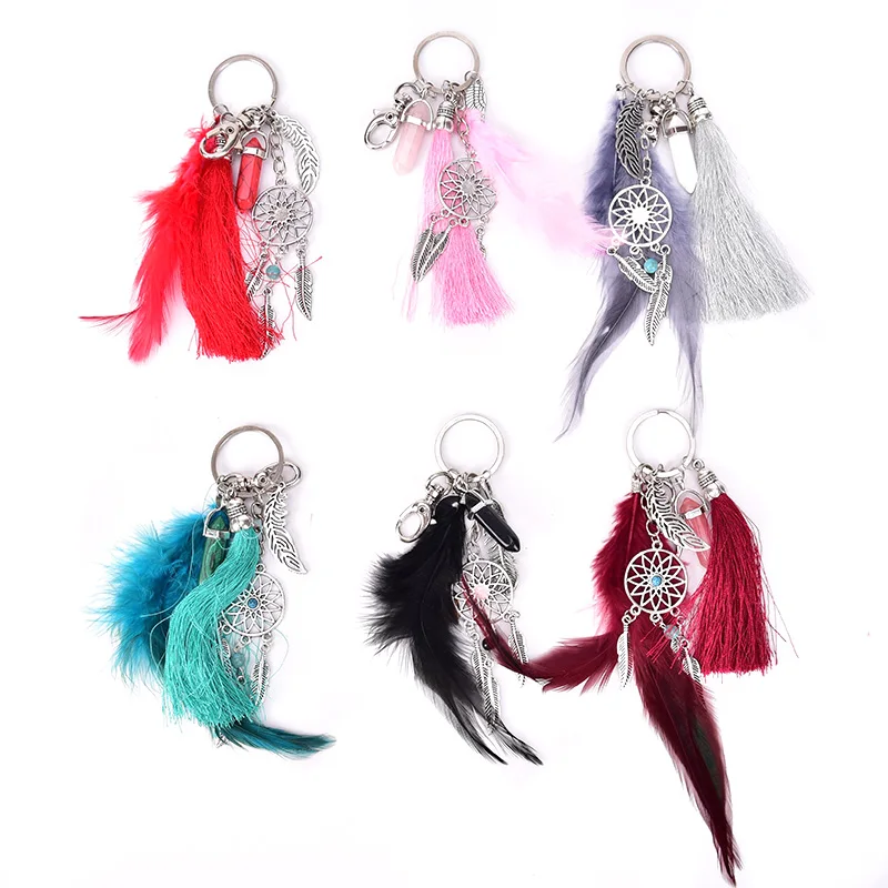 

Handmade Natural Stone Keychain Dream Catcher Keyring Tassels Feather Keychain Women Silver Color Boho Jewelry Keychain Gift New