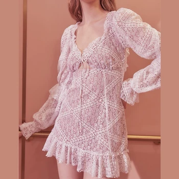 

HAMALIEL Sexy Backless Beaded Holiday Dress 2020 Runway Spring Women Flare Sleeve Lace Dress New White Hollow Out Bodycon Dress