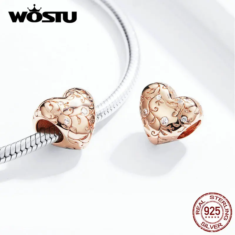 WOSTU 925 Sterling Silver Flower Retro Patterns Heart Beads Rose Gold Charm Fit Original Bracelet Pendant DIY Jewelry BKC1323-C