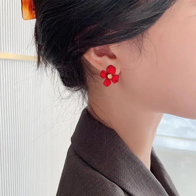 S925 Silver Flower Earrings Red Petals Net Red Temperament Cute Small Flower for Female Jewelry flower earrings