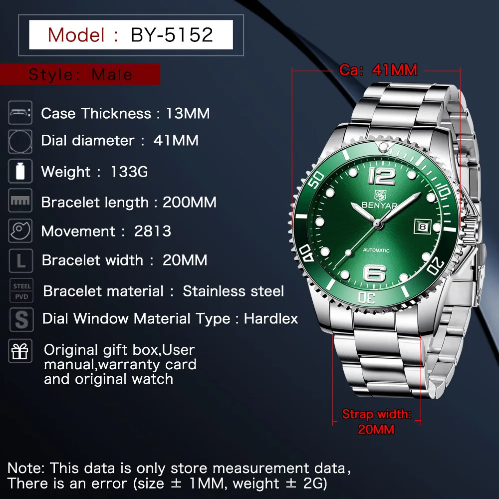 BENYAR Роскошные Брендовые мужские часы Reloj Hombre автоматические водонепроницаемые деловые механические зеленые часы Relogio Masculino