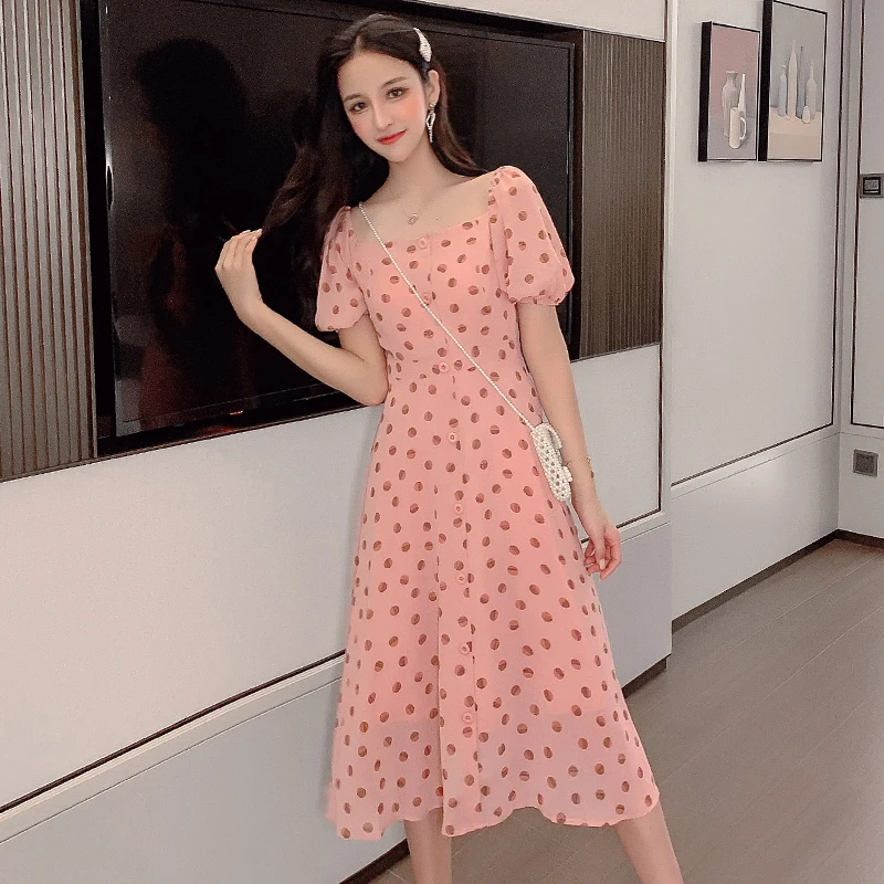 

2020 Korean Vintage Floral Boho Chiffon Dresses Summer Plus Size Beach Sexy Midi Sundress Women Short Sleeve Elegant Vestidos