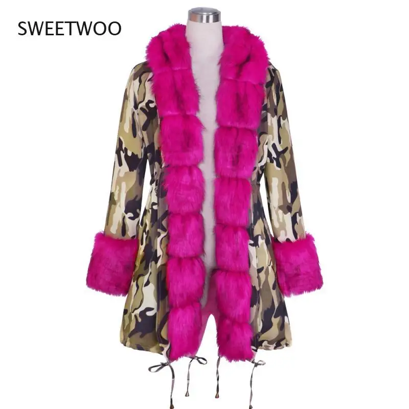 Faux Fur Coats Large Size 2Xl Imitation Mink Fur Long Fox Fur Camouflage Outerwear Fur Coat Winter Luxury Plush Thick Warm Coat