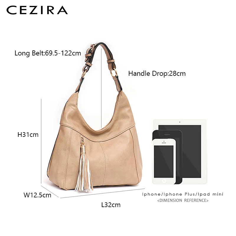 CEZIRA Повседневная сумка-хобо для женщин, высокое качество, веганская кожаная сумка на плечо, дамская модная сумка-тоут с кисточками, женская сумка через плечо из искусственной кожи