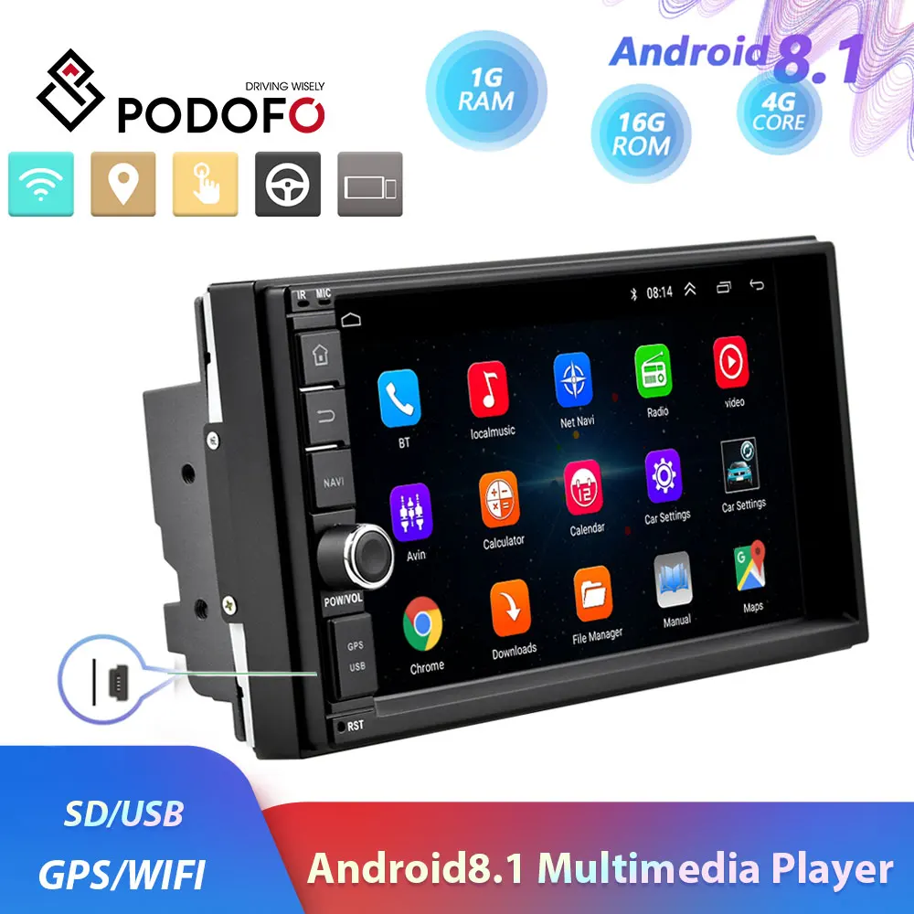 Podofo 2din Android8.1 автомобильный Радио wifi gps navi автомобильный мультимедийный плеер Универсальный " аудио стерео для Volkswagen Nissan hyundai Kia