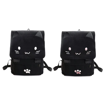 

2 PCS Fashion Cute Cat Embroidery Canvas Student Cartoons Women Backpack Leisure School Bag,Black+White & Black+Pink