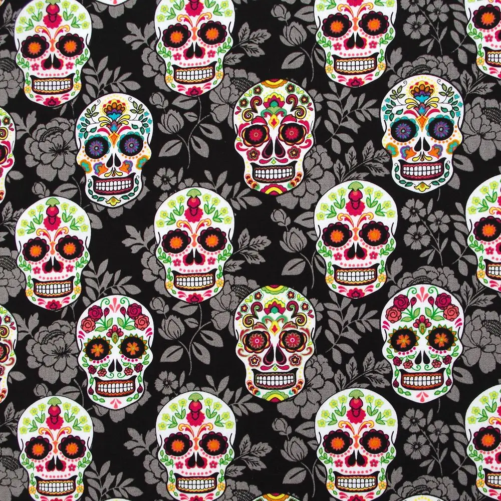 

1 yard Cotton Fabric, Skull, leaf and flower (width=108cm)