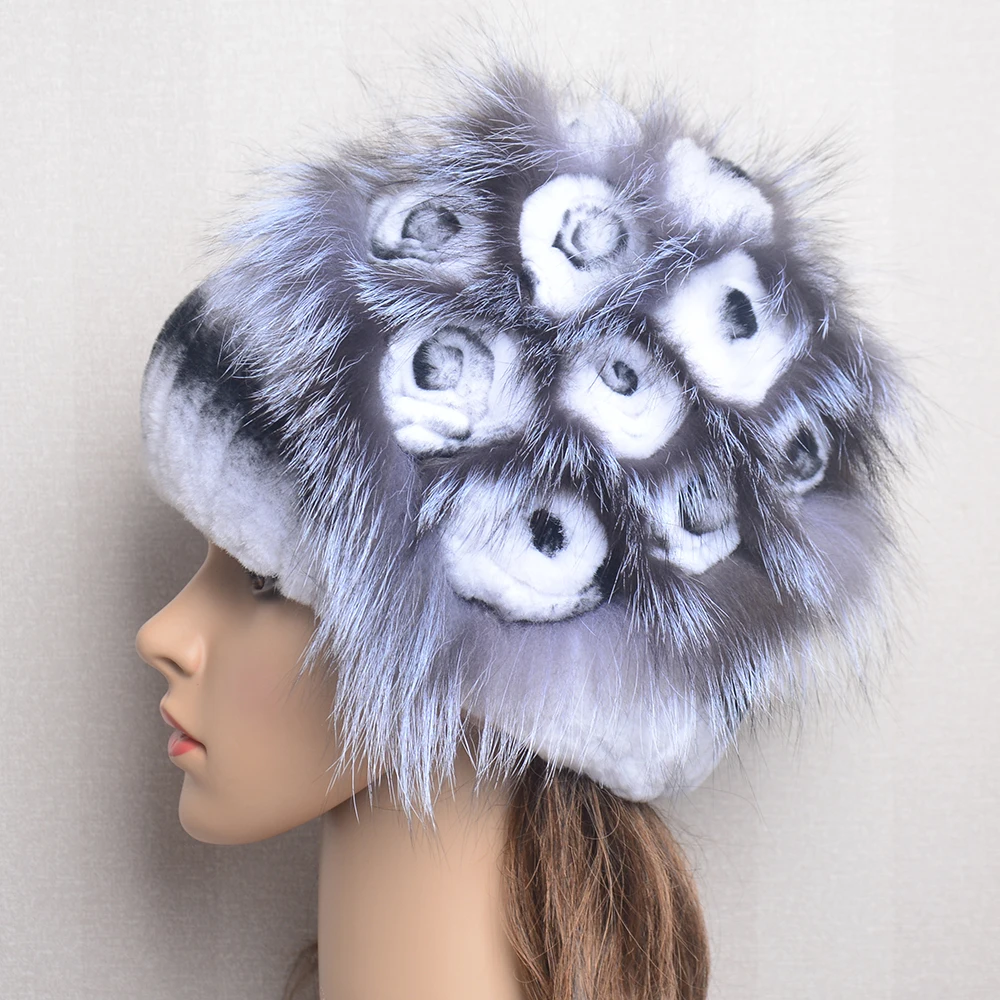 New Real Rex Rabbit Hair Luxury Woman Hat Fox Fur Beanies Caps Winter Women Hats Fashion Lady Warm Rex Rabbit Fur Knitted Hat 2