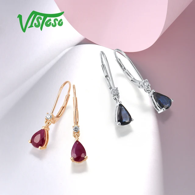 VISTOSO Gold Earrings For Women 14K 585 White Rose Gold Sparkling Blue Sapphire Ruby Diamond Earrings Trendy Party Fine Jewelry 5