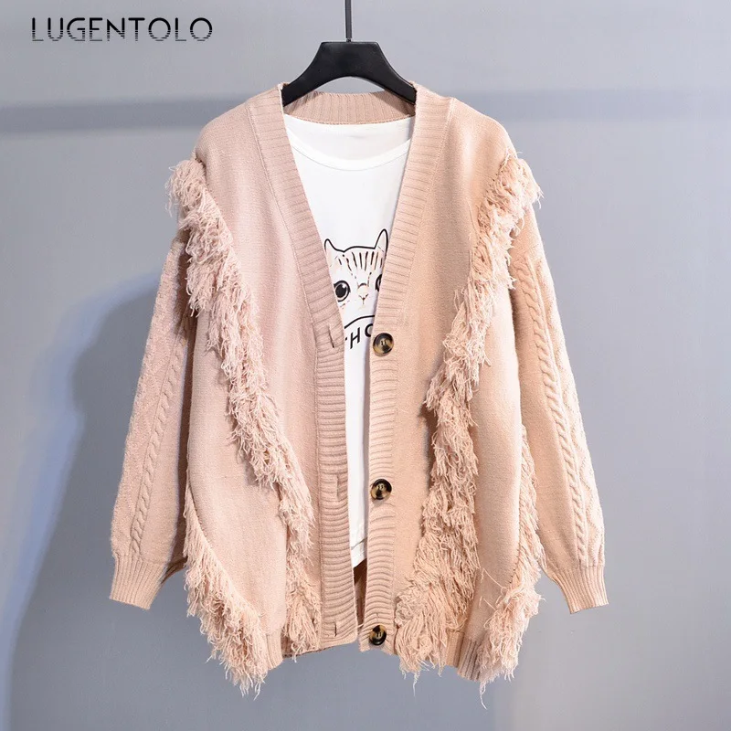 Lugentolo Ladies Sweater Casual Loose Student Jacket Fashion Tassel Knit Cardigan Solid Color |
