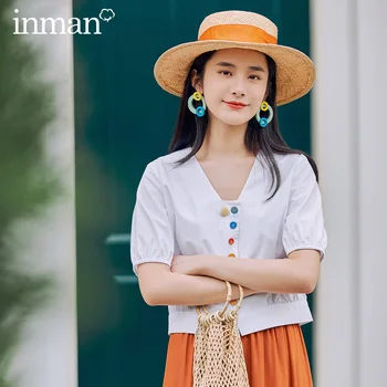 

INMAN 2020 Summer New Arrival Vintage Retro Style Rainbow Button V Neck Short Shape Blouse