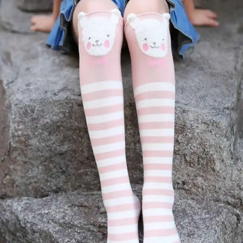 Pink stripe cat Осенние детские носки хлопковые Гольфы с рисунком кота, носки с ушками для девочек, прямые детские гольфы с рисунком кота и лисы - Цвет: Pink stripe cat